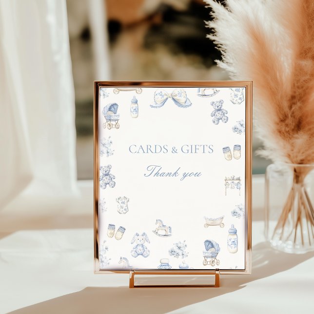 Foto Sinal de Mesa Toile De Jouy Baby Shower Arco Azul (Toile De Jouy Baby Shower Blue Bow Table Top Sign)