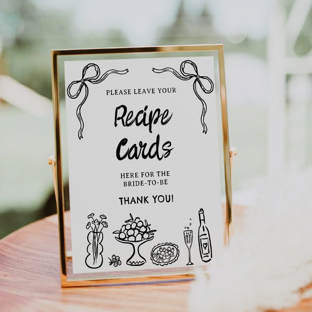 Foto Sinal de recebimento do Chá de panela Desenho Bran (Black Hand Drawn Whimsical Bridal Shower Sign, Bows Food Recipe Card Sign Bridal Shower Whimsical )