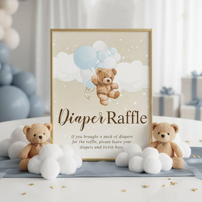Foto Sinal de Rifas de Fraldas de Urso de Pelúcia com B (Dusty Blue Teddy Bear Diaper Raffle Sign | Dusty Blue Teddy Bear Baby Shower)