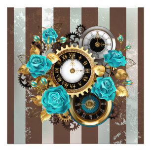 Foto Steampunk Clock and Turquoise Roses on Striped