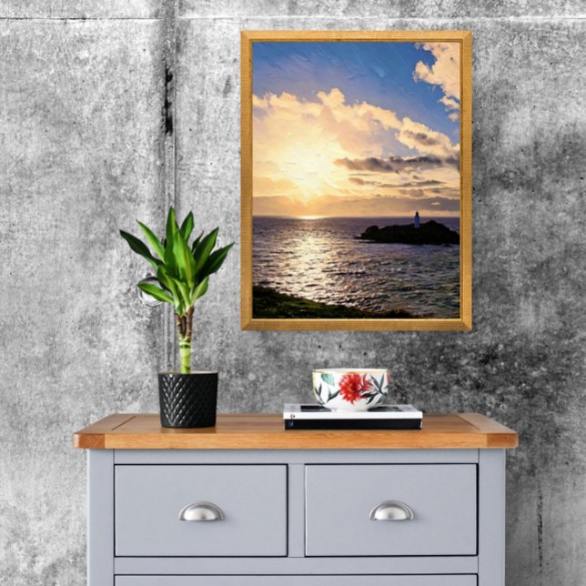 Foto Sunset Dramático sobre Farol Godrevy, Cornwall (Your home deserves this view! Iconic Godrevy Lighthouse print. )
