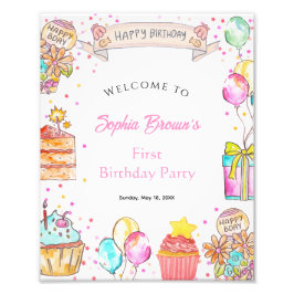 Foto Sweet One Watercolor 1st Birthday Party Sign