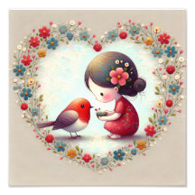 Sweet Robin and Little Girl Floral Heart