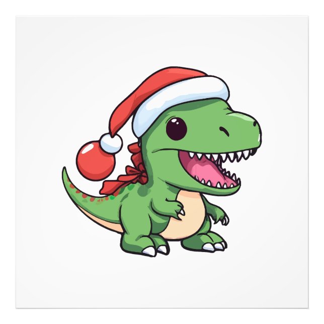 Foto T-Rex Dinossauro Kawaii em Chapéu de Natal (Frente)