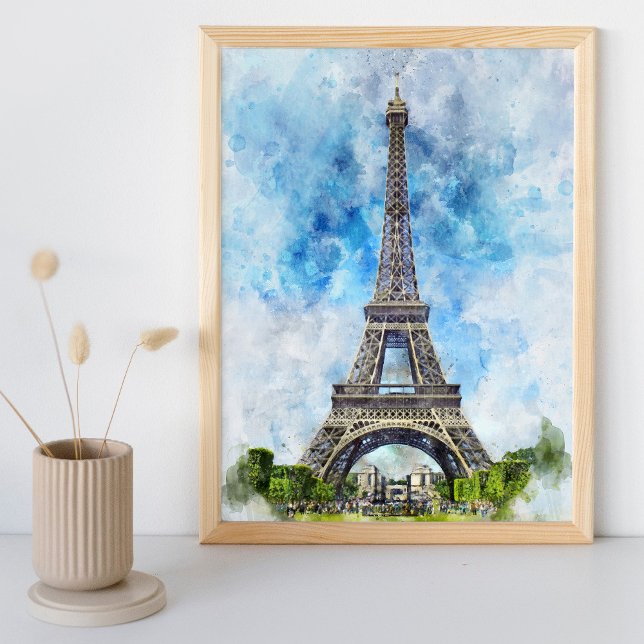 Foto Torre Eiffel Paris França Aquarela (Paris France Eiffel Tower Watercolor. Photo Print)