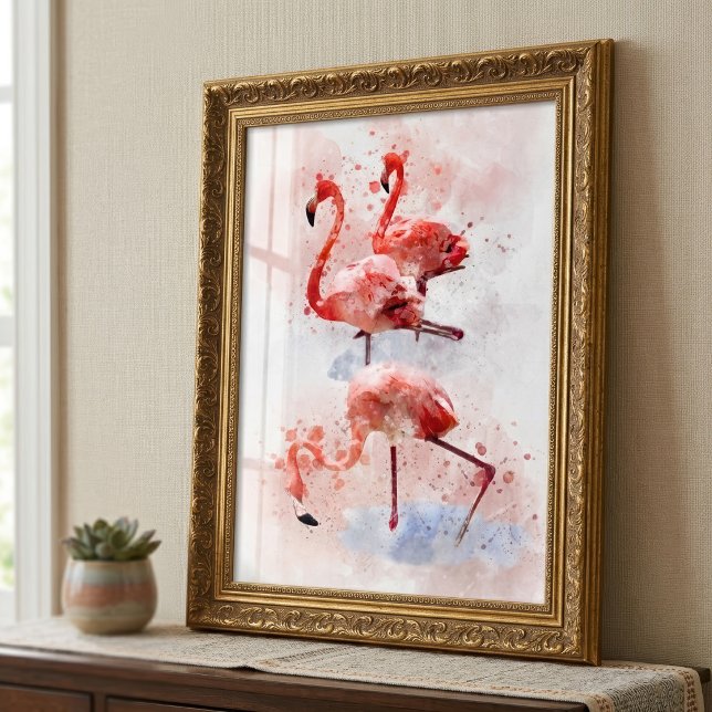 Foto Três Flamingos Rosa em Impressão de Arte em Aquare (Three Pink Flamingos in Watercolor Art Print. Photo Print)