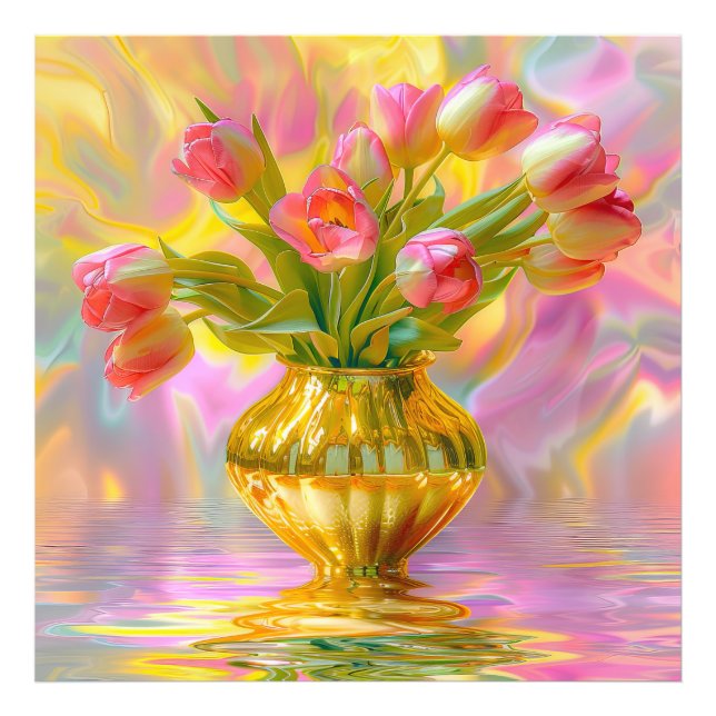 Foto Tulipas Rosa Vibrantes em Vase Ouro (Frente)