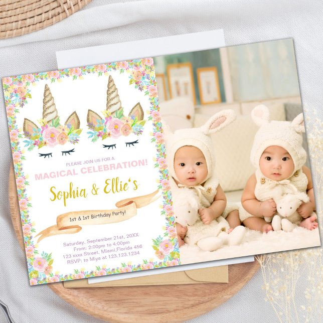 Foto Twin Floral Unicorn Convite de Aniversário (Photo Twin Floral Unicorn Birthday Invitations)