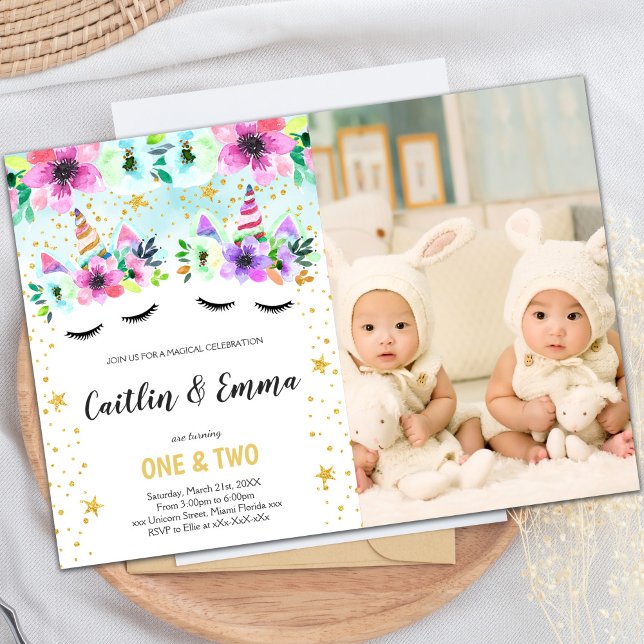 Foto Twin Green Floral Unicorn Convites (Photo Twin Green Floral Unicorn Invitations)