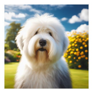 Foto Um Old English Sheepdog no Jardim Florido