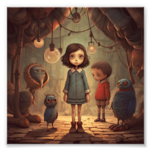 Uma garota de vestido azul fica de pé com o menino