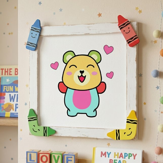 Foto Urso Teddy Kawaii Sorridente com Corações de Amor (Cute smiling Kawaii Teddy Bear with Love Hearts. Photo Print)