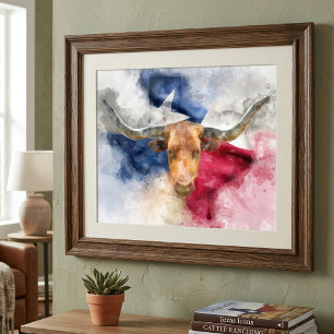 Foto Vaca Longhorn com Texas Flag Map Watercolor