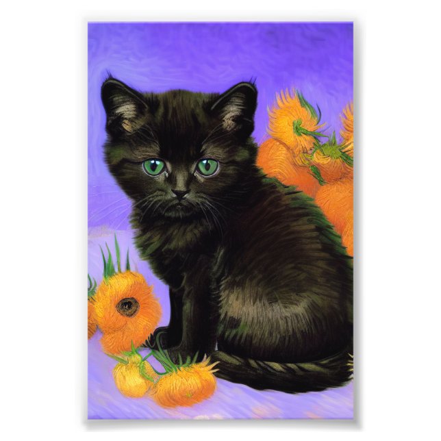 Foto Van Gogh Black Kitten com Girassóis (Frente)