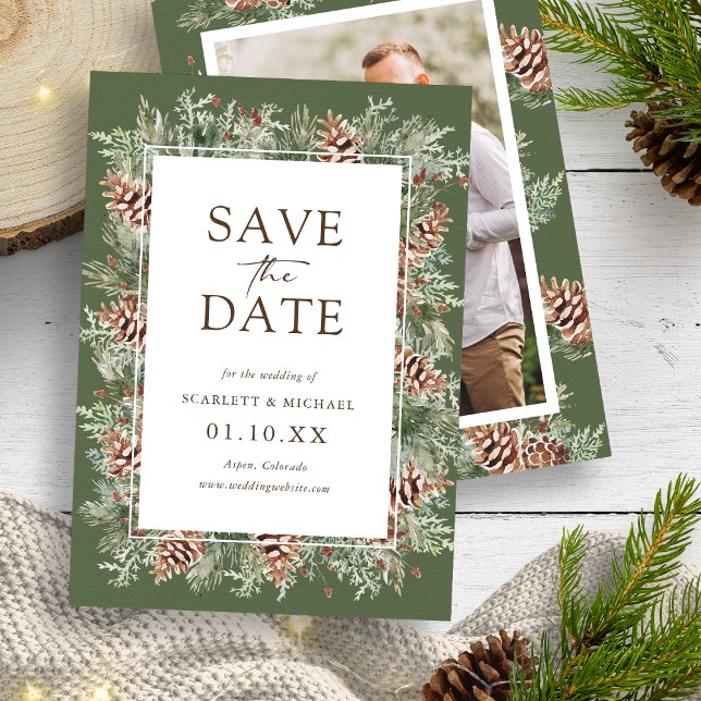 Foto Verde Salvar O Cartão De Data (Photo Hunter Green Watercolor Pine 
Evergreen Save The Date Card by Painted Paperie
)