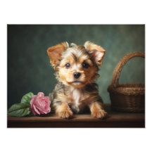Vintage Cute Puppy Yorkshire Terrier Rosa Portrait