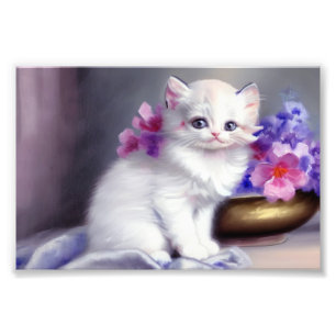 Foto Vintage White Kitten com Flores Rosa e Púrpura