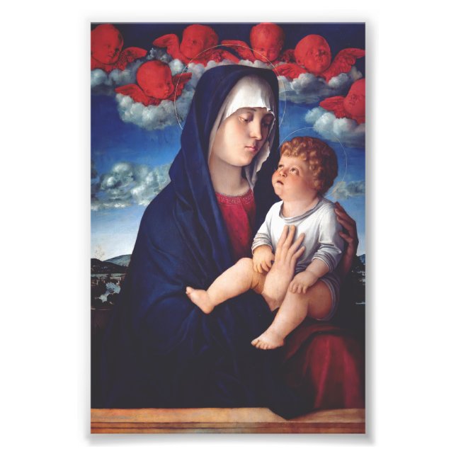 Foto Virgem Maria com Menino Jesus e querubins vermelho (Frente)