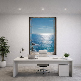 Foto Vista do Oceano Azul Janela Aberta Trompe L'Oeil