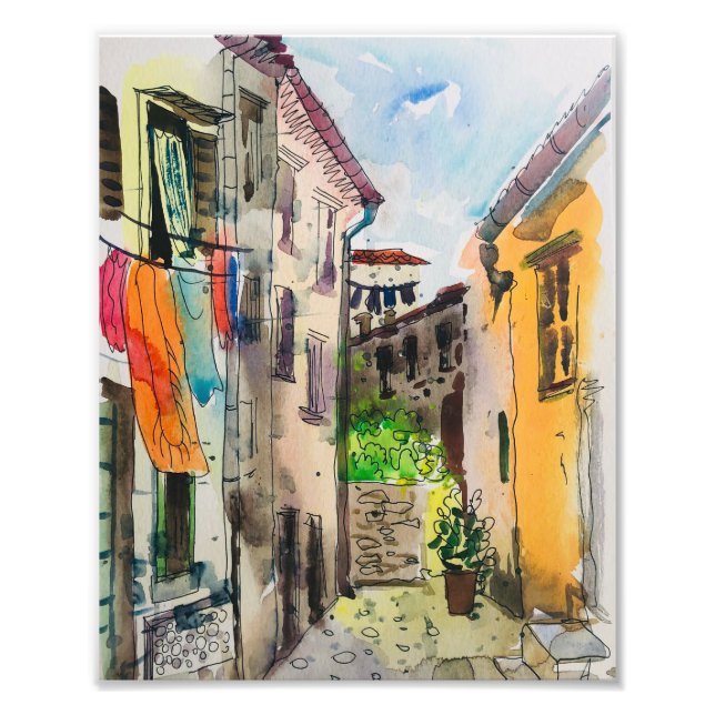 Foto Watercolor, cidade medieval europeia (Frente)