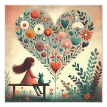 Whimsical Girl and Cat Beside a Floral Heart 