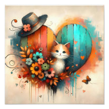 Whimsical Kitten in Teal and Burnt Orange Floral