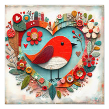 Whimsical mixed media Red Robin Bird Heart