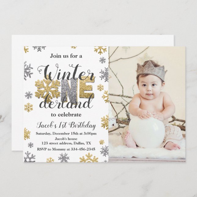 Foto Winter ONEderland Birthday Convite Dourado (Frente/Verso)