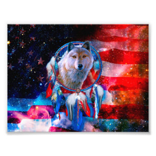 Foto Wolf and Dreamcatcher in american flag painting