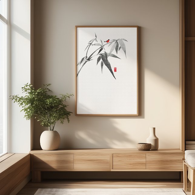 Foto Zen Bird em Bamboo - Arte de Muro de Tinta Minimal (Criador carregado)