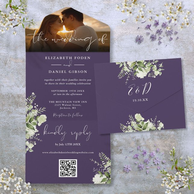 Fotografia de casamento com código QR de flora rox (Purple Floral Greenery QR Code Wedding Photo All In One Invitation)