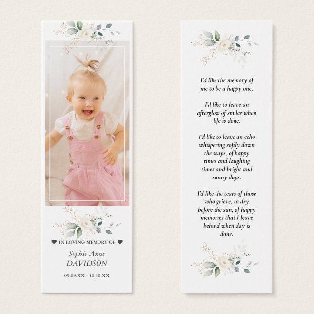 Fotografia Rosas Memorial Funeral Poem Bookmark (Frente & Verso)