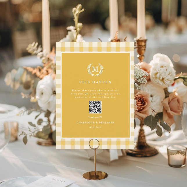 FOTOS ACONTECEM!Galeria de Casamentos Gingham Amar (PICS HAPPEN!QR Code Yellow Gingham Wedding Gallery Card)
