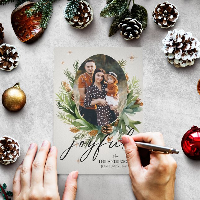 Fotos da família Green deixa feliz Natal (Multi Family Photos Green Leaves Joyful Christmas Greeting Card)