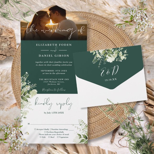 Fotos de casamento com verde floral esmeralda (Emerald Green Floral Greenery Wedding Photo All In One Invitation)