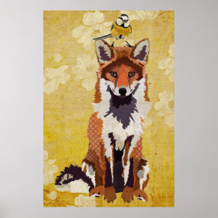 Fox ambarino & poster pequeno da arte do pássaro