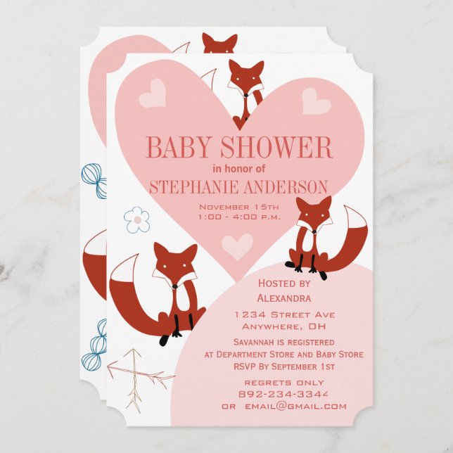 Fox e Hearts Bebê Chás Convites (Frente/Verso)
