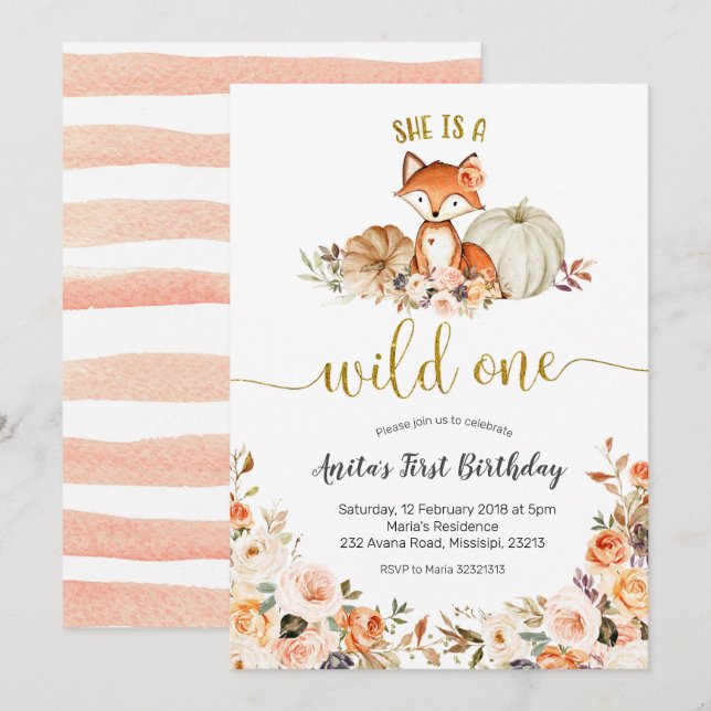 Fox Fall Ela é um Convite de Aniversário Selvagem (Frente/Verso)