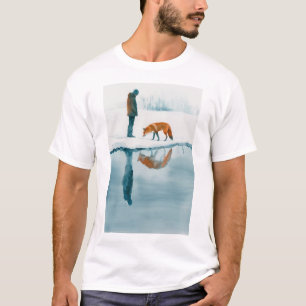 Fox Walking Beside Snow River Refletion T-Shirt