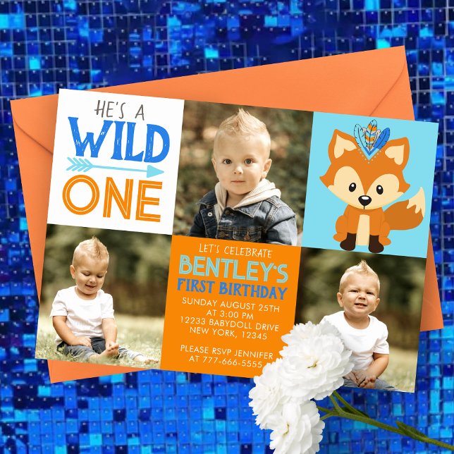 Fox Wild One 3 Foto Primeiro Convite de Aniversári (Wild One Tribal Forest Fox 3 Picture Photo Invitation in Blue, Orange and Brown)