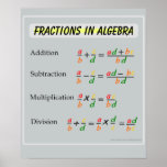 Frações na Poster de álgebra em Matemática<br><div class="desc">Frações no Poster de Matemática em Álgebra. Simplificando frações em álgebra: Adicionando Frações,  Subtraindo Frações,  Multiplicando Frações e Dividindo Frações. Para obter mais posters de matemática,  visite: www.zazzle.com/mathposters*</div>