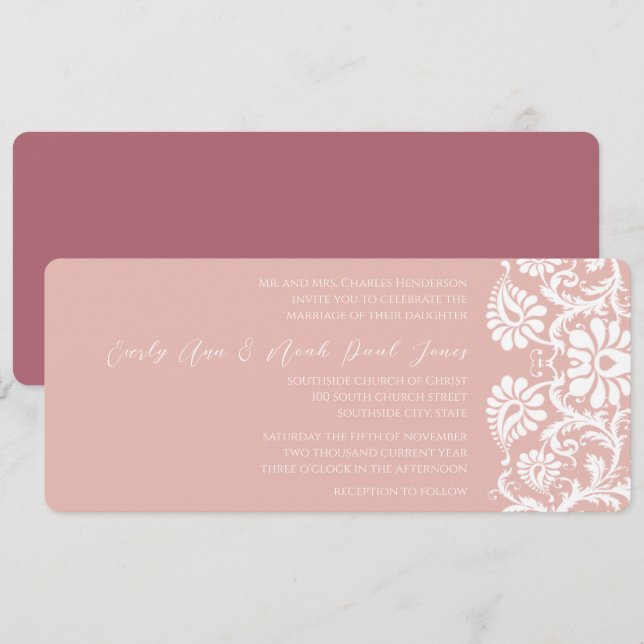 Framboesa Damask Swirls Convite Para Casamento (Frente/Verso)