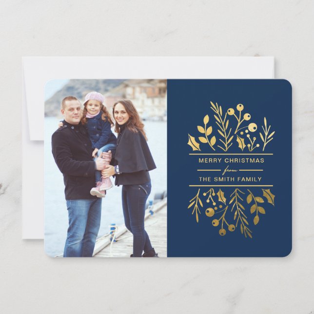 Frame floral Feliz cartão com fotos de Natal (Frente)