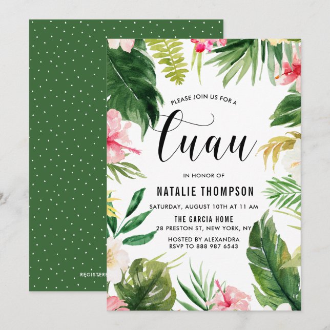 Frame Floral Tropical Watercolor, Convite Luau (Frente/Verso)