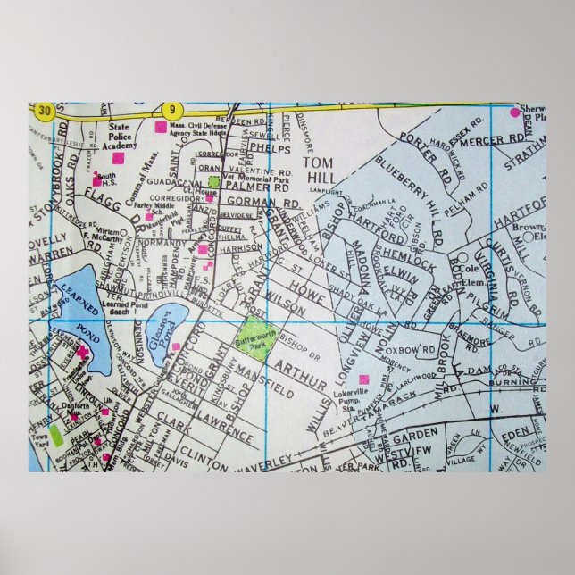 Framingham, MÃE Vintage Map Poster (Frente)