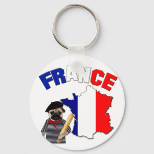 France - Pug com baguette - chaveiro