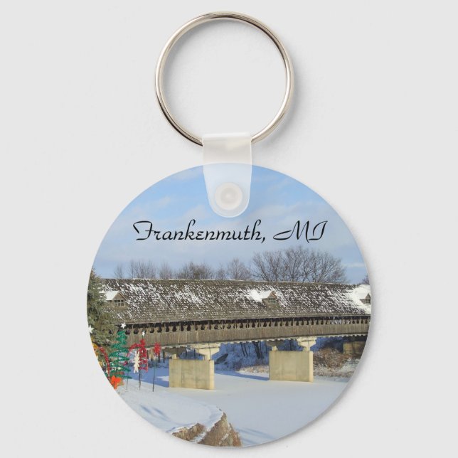 Frankenmuth Michigan Covered Bridge Snow Chaveiro (Frente)