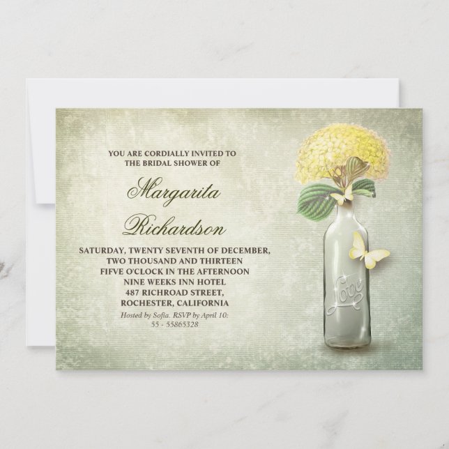 Frasco de vinho e flores amarelas Convites de chá  (Frente)