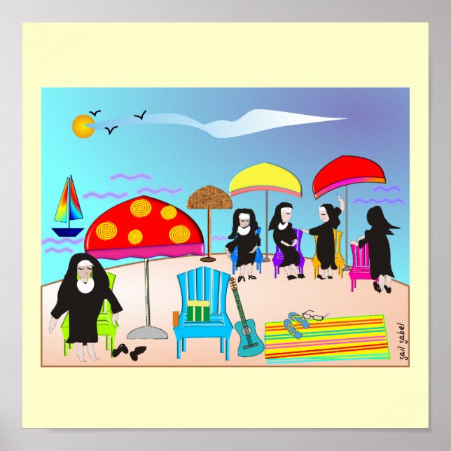 Freiras Whimsical "At Beach" Art Poster (Frente)