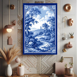 French Blue Toile de Jouy Landscape Tree Wall Art 